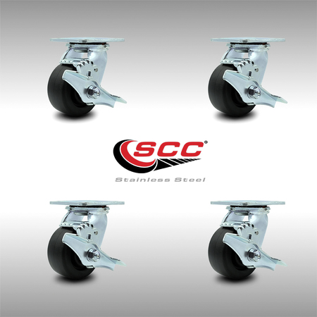 Service Caster 4 Inch SS Polyolefin Swivel Caster Set with Roller Bearings and Brakes SCC SCC-SS30S420-POR-TLB-4